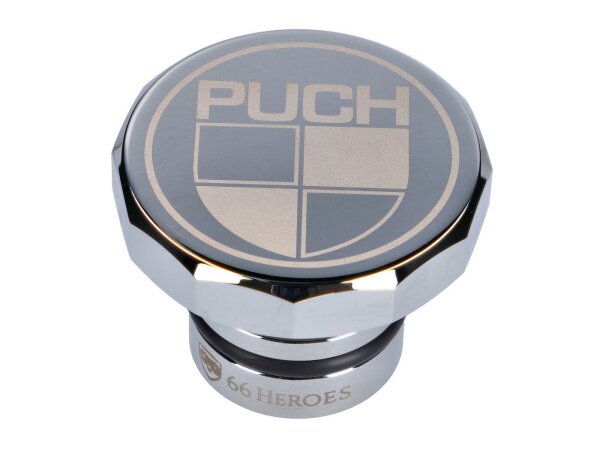 Tankdeckel 66Heroes Aluminium Chrom mit Puch-Logo für Puch Maxi S, N