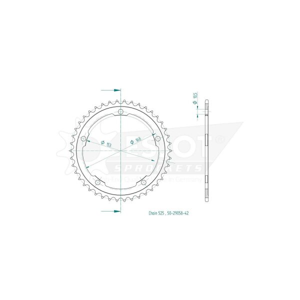 ESJOT Kettenrad, 42 Zähne, 525er Teilung (5/8x5/16)
