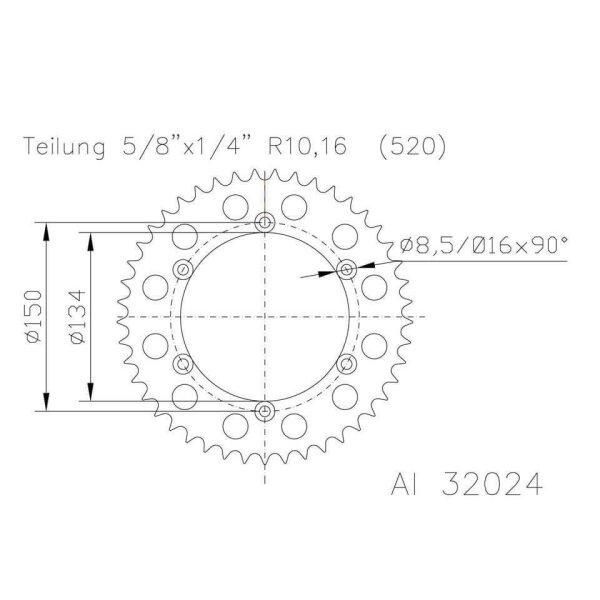 ESJOT Kettenrad, 52 Zähne, 520er Teilung (5/8x1/4), Alu