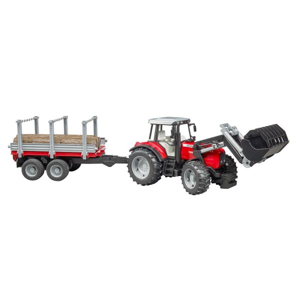 BRUDER Massey Ferguson 7480 m. Frontlader + Holzanhänger + 3 Baumstämmen / 02046