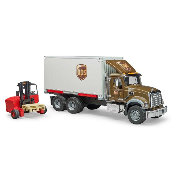 BRUDER Spielzeug MACK Granite UPS Logistik LKW mit Mitnahmestapler Stapler 02828