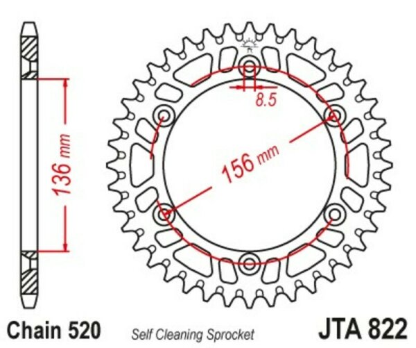 JT SPROCKETS Aluminium Ultraleichtes selbstreinigendes Kettenrad 822-520