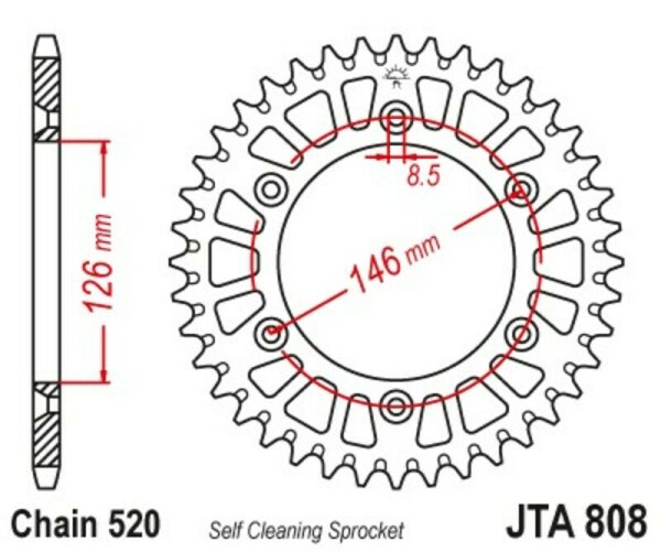 JT SPROCKETS Aluminium Ultraleichtes selbstreinigendes Kettenrad 808-520