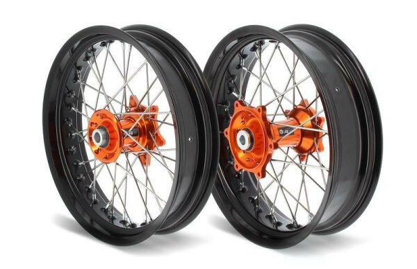 ART SM Komplettrad vorne + hinten 17x3,50/17x5,00 Schwarz Felge/Orange Nabe KTM